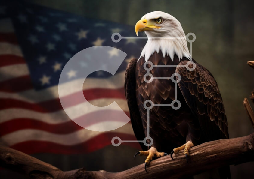 Intra Συλλεκτικό Ξύλινο Παζλ Plywood  4mm - Αμερικανικός φαλακρός αετός σκαρφαλωμένος σε κλαδί με σημαία στο φόντο Σε Ξύλινο Κουτί - Διαστάσεις: 10x10 cm – 25 κομμάτια