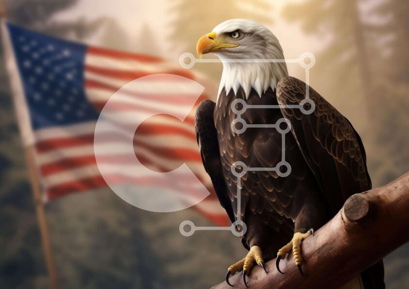 Intra Συλλεκτικό Ξύλινο Παζλ Plywood  4mm - Αετός σκαρφαλωμένος σε ένα κλαδί με την αμερικανική σημαία στο βάθος Σε Ξύλινο Κουτί - Διαστάσεις: 10x10 cm – 25 κομμάτια