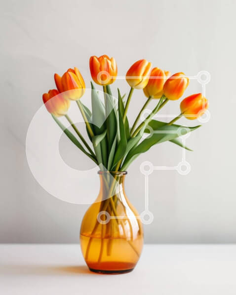 Intra Συλλεκτικό Ξύλινο Παζλ Plywood  4mm - Ζωντανές πορτοκαλί τουλίπες σε γυάλινο βάζο στο τραπέζι Σε Ξύλινο Κουτί - Διαστάσεις: 10x10 cm – 25 κομμάτια