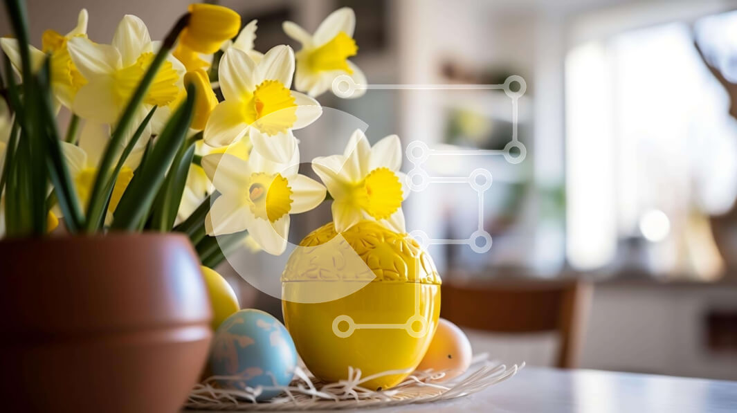 Intra Συλλεκτικό Ξύλινο Παζλ Plywood  4mm - Πασχαλινοί νάρκισσοι και πολύχρωμα αυγά στο τραπέζι Σε Ξύλινο Κουτί - Διαστάσεις: 10x10 cm – 25 κομμάτια