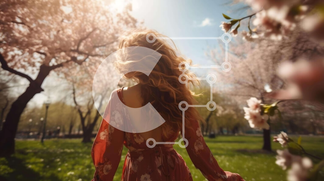 Intra Συλλεκτικό Ξύλινο Παζλ Plywood  4mm - Γυναίκα που περπατά στο πάρκο με τις ανθισμένες κερασιές Σε Ξύλινο Κουτί - Διαστάσεις: 10x10 cm – 25 κομμάτια