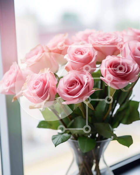 Intra Συλλεκτικό Ξύλινο Παζλ Plywood  4mm - Γυάλινο βάζο με φρέσκα ροζ τριαντάφυλλα μπροστά από το ανοιχτό παράθυρο Σε Ξύλινο Κουτί - Διαστάσεις: 10x10 cm – 25 κομμάτια