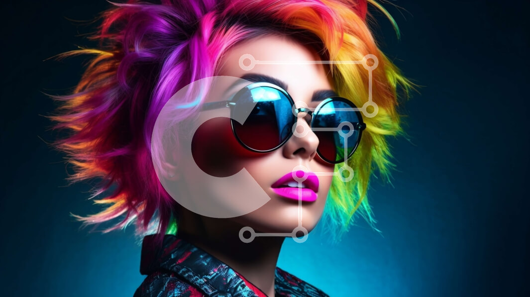 Intra Συλλεκτικό Ξύλινο Παζλ Plywood  4mm - Εκπληκτική εικόνα μιας γυναίκας με πολύχρωμα μαλλιά και γυαλιά ηλίου Σε Ξύλινο Κουτί - Διαστάσεις Puzzle: 10x10 cm – 25 κομμάτια