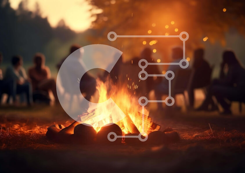 Intra Συλλεκτικό Ξύλινο Παζλ Plywood  4mm - Ομάδα ανθρώπων γύρω από τη φωτιά στο δάσος Σε Ξύλινο Κουτί - Διαστάσεις: 10x10 cm – 25 κομμάτια