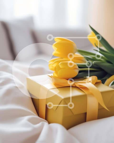 Intra Συλλεκτικό Ξύλινο Παζλ Plywood  4mm - Κίτρινο κουτί δώρου με τουλίπες στο κρεβάτι Σε Ξύλινο Κουτί - Διαστάσεις: 10x10 cm – 25 κομμάτια