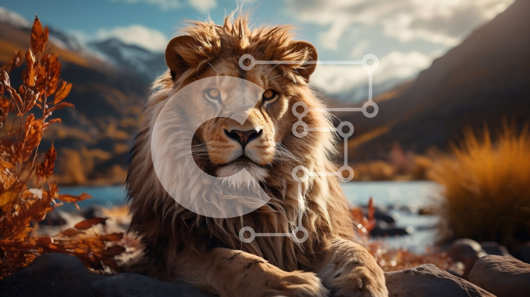 Σετ των 2 Intra Συλλεκτικό Ξύλινο Παζλ Plywood  4mm - Λιοντάρι που κάθεται σε έναν βράχο δίπλα σε ένα ποτάμι με βουνά στο βάθος Σε Ξύλινο Κουτί - Διαστάσεις: 10x10 cm – 25 κομμάτια