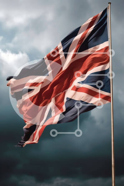 Intra Συλλεκτικό Ξύλινο Παζλ Plywood  4mm - Σημαία του Union Jack που κυματίζει στον άνεμο με τα σκοτεινά σύννεφα Σε Ξύλινο Κουτί - Διαστάσεις Puzzle: 10x10 cm – 25 κομμάτια