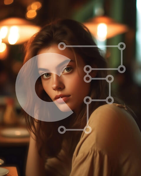 Intra Συλλεκτικό Ξύλινο Παζλ Plywood  4mm - Στοχαστική νεαρή γυναίκα με μπεζ πουκάμισο κάθεται σε αμυδρά φωτισμένο εστιατόριο Σε Ξύλινο Κουτί - Διαστάσεις Puzzle: 10x10 cm – 25 κομμάτια