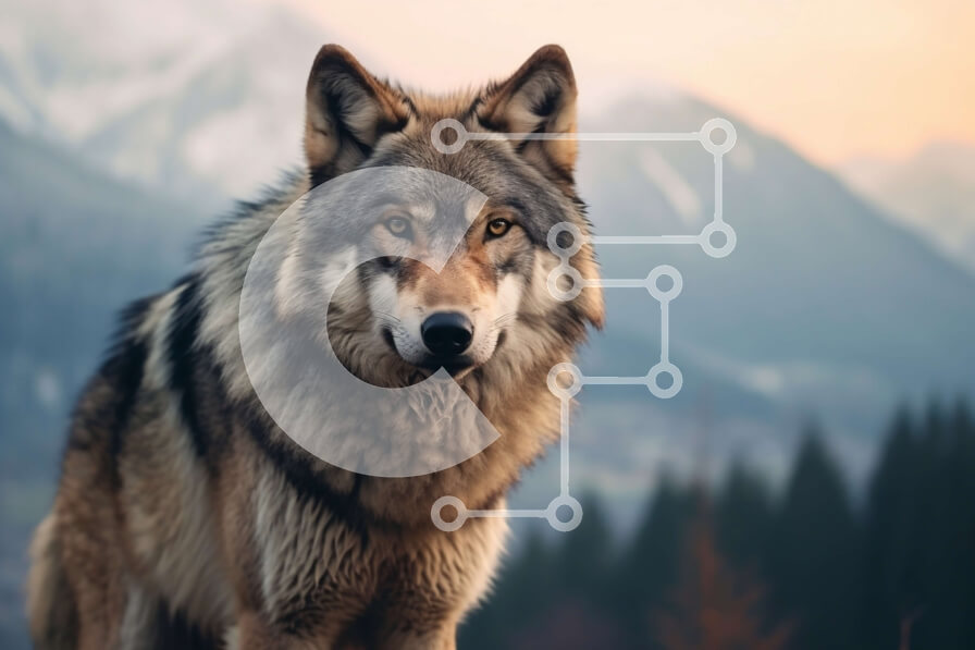 Σετ των 2 Intra Συλλεκτικό Ξύλινο Παζλ Plywood  4mm - Μεγαλοπρεπής γκρίζος λύκος που στέκεται περήφανα σε βράχους με βουνά στο βάθος Σε Ξύλινο Κουτί - Διαστάσεις: 10x10 cm – 25 κομμάτια