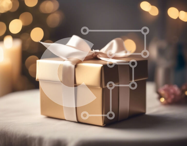 Intra Συλλεκτικό Ξύλινο Παζλ Plywood  4mm - Χρυσό κουτί δώρου με λευκή κορδέλα σε κομψό τραπέζι Σε Ξύλινο Κουτί - Διαστάσεις: 10x10 cm – 25 κομμάτια