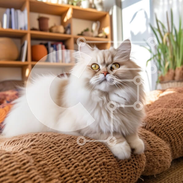 Intra Συλλεκτικό Ξύλινο Παζλ Plywood  4mm - Αξιολάτρευτη εικόνα μιας χνουδωτής γάτας σε έναν καφέ καναπέ με ράφι στο φόντο Σε Ξύλινο Κουτί - Διαστάσεις: 10x10 cm – 25 κομμάτια