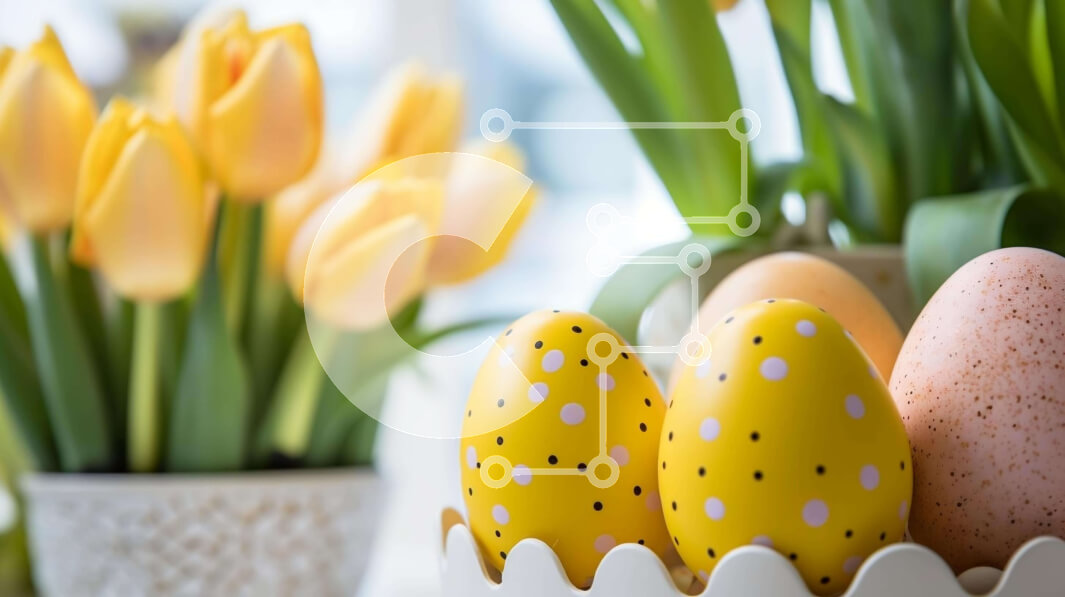 Intra Συλλεκτικό Ξύλινο Παζλ Plywood  4mm - Πολύχρωμα Πασχαλινά αυγά και κίτρινες τουλίπες στο δίσκο αυγών Σε Ξύλινο Κουτί - Διαστάσεις: 10x10 cm – 25 κομμάτια