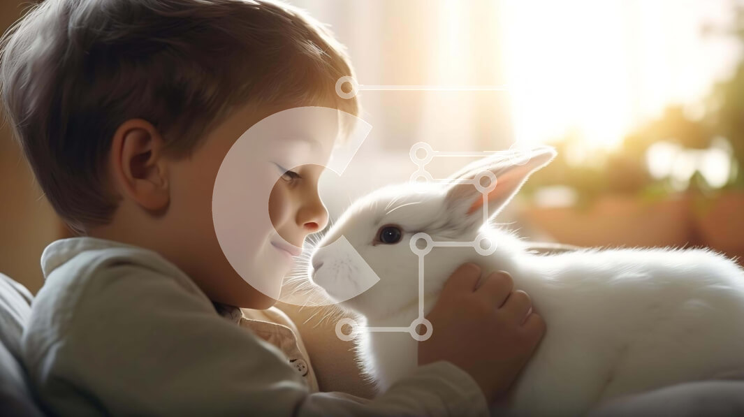 Σετ των 2 Intra Συλλεκτικό Ξύλινο Παζλ Plywood  4mm - Νεαρό αγόρι που αγκαλιάζει το λευκό κουνέλι στον καναπέ Σε Ξύλινο Κουτί - Διαστάσεις: 10x10 cm – 25 κομμάτια