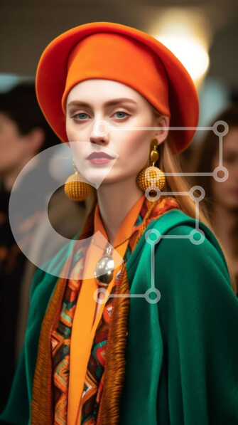 Intra Συλλεκτικό Ξύλινο Παζλ Plywood  4mm - Μοντέλο μόδας με ζωηρό πορτοκαλί παλτό, πράσινο φουλάρι και κόκκινο καπέλο με φτερά Σε Ξύλινο Κουτί - Διαστάσεις Puzzle: 10x10 cm – 25 κομμάτια