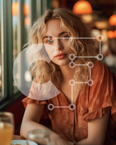 Intra Συλλεκτικό Ξύλινο Παζλ Plywood  4mm - Πορτρέτο μιας νεαρής ξανθιάς γυναίκας με μια πορτοκαλί μπλούζα σε ένα εστιατόριο Σε Ξύλινο Κουτί - Διαστάσεις Puzzle: 10x10 cm – 25 κομμάτια