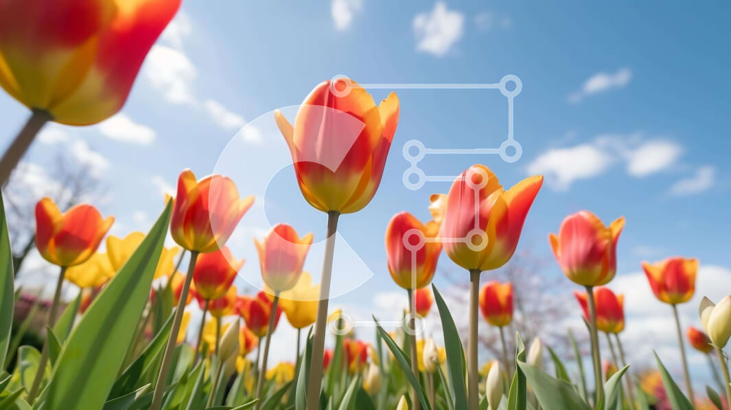 Intra Συλλεκτικό Ξύλινο Παζλ Plywood  4mm - Πεδίο με κόκκινες και κίτρινες τουλίπες με ανθισμένα λουλούδια Σε Ξύλινο Κουτί - Διαστάσεις: 10x10 cm – 25 κομμάτια