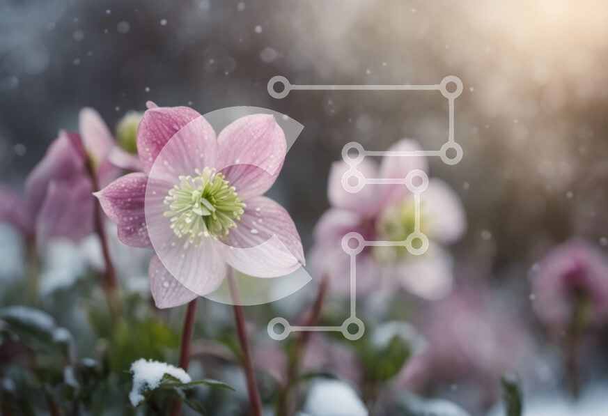 Intra Συλλεκτικό Ξύλινο Παζλ Plywood  4mm - Ανθισμένα ροζ ελελοβούρες στο χιόνι Σε Ξύλινο Κουτί - Διαστάσεις: 10x10 cm – 25 κομμάτια