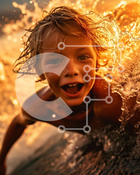 Intra Συλλεκτικό Ξύλινο Παζλ Plywood  4mm - Σερφ στο ηλιοβασίλεμα: Νεαρό αγόρι που πιάνει τα κύματα Σε Ξύλινο Κουτί - Διαστάσεις Puzzle: 10x10 cm – 25 κομμάτια