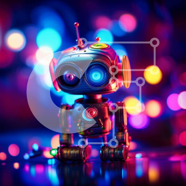 Intra Συλλεκτικό Ξύλινο Παζλ Plywood  4mm - Ζωντανή εικόνα ενός μικρού ρομπότ που περιβάλλεται από φωτεινά φώτα Σε Ξύλινο Κουτί - Διαστάσεις Puzzle: 10x10 cm – 25 κομμάτια