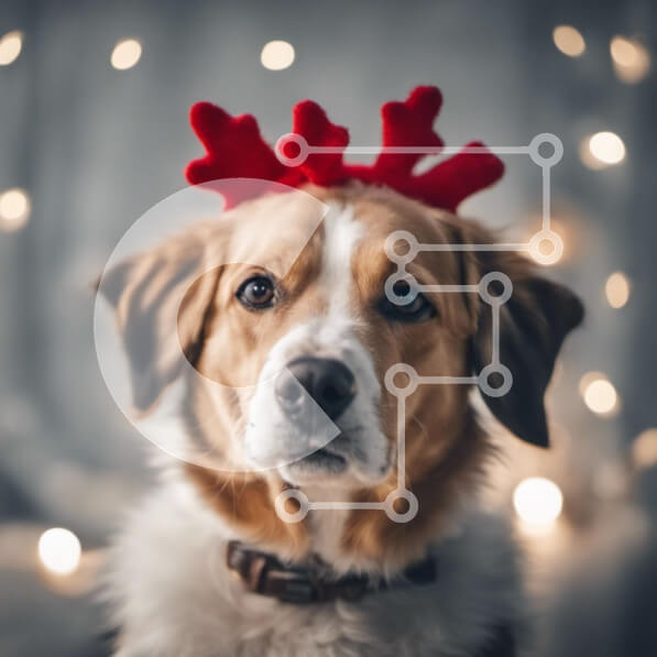 Intra Συλλεκτικό Ξύλινο Παζλ Plywood  4mm - Καφέ και άσπρο σκυλί με κόκκινα κέρατα ταράνδου Σε Ξύλινο Κουτί - Διαστάσεις: 10x10 cm – 25 κομμάτια