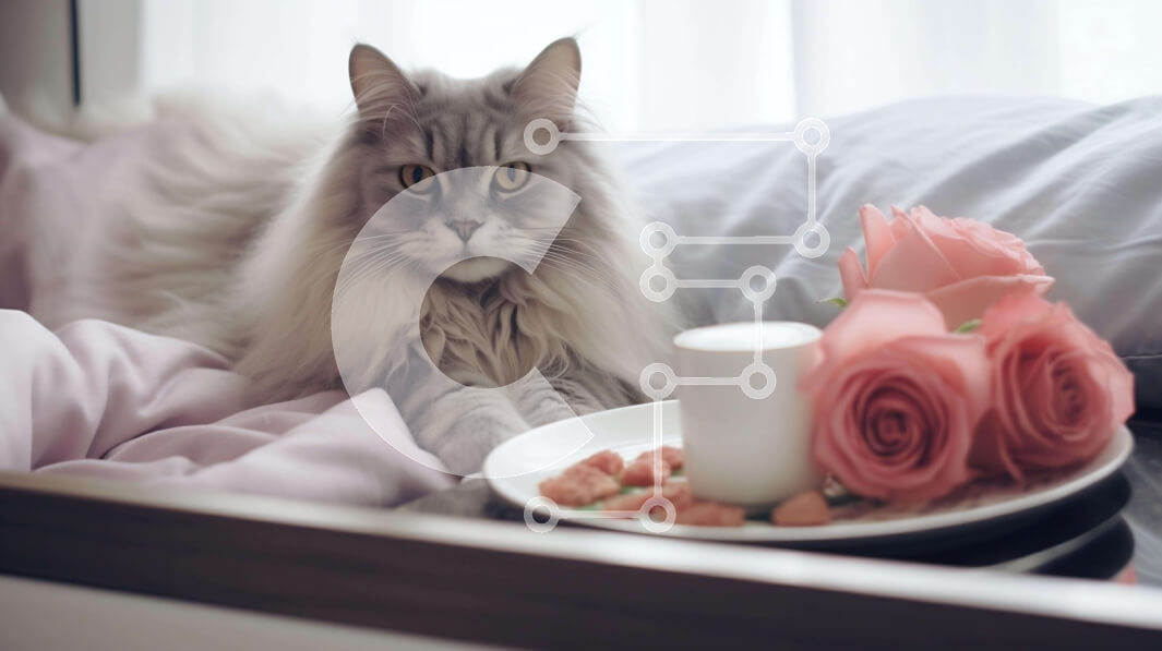 Σετ των 2 Intra Συλλεκτικό Ξύλινο Παζλ Plywood  4mm - Γκρίζα γάτα με τριαντάφυλλα και φαγητό στο κρεβάτι Σε Ξύλινο Κουτί - Διαστάσεις: 10x10 cm – 25 κομμάτια