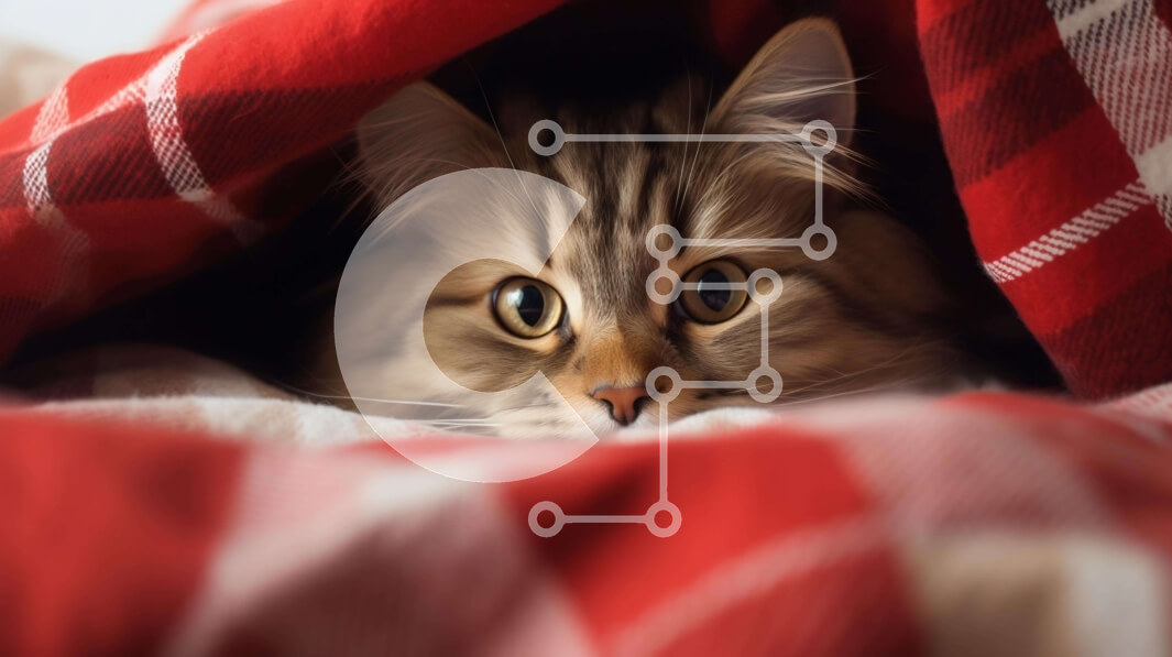 Σετ των 2 Intra Συλλεκτικό Ξύλινο Παζλ Plywood  4mm - Περίεργη γάτα που κρυφοκοιτάζει κάτω από μια κόκκινη και άσπρη καρό κουβέρτα Σε Ξύλινο Κουτί - Διαστάσεις: 10x10 cm – 25 κομμάτια