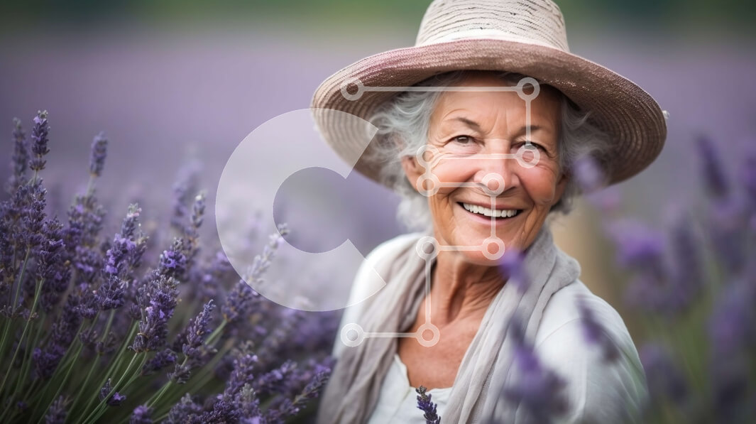 Intra Συλλεκτικό Ξύλινο Παζλ Plywood  4mm - Χαμογελαστή ηλικιωμένη γυναίκα σε ένα χωράφι με λουλούδια λεβάντας Σε Ξύλινο Κουτί - Διαστάσεις: 10x10 cm – 25 κομμάτια