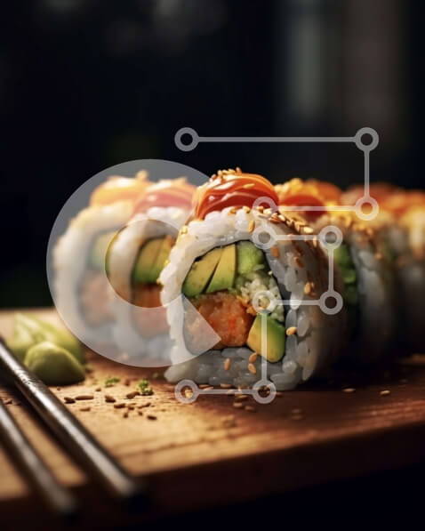 Σετ των 2 Intra Συλλεκτικό Ξύλινο Παζλ Plywood  4mm - Φρεσκοφτιαγμένο ρολό σούσι με αβοκάντο, σολομό και λαχανικά Σε Ξύλινο Κουτί - Διαστάσεις: 10x10 cm – 25 κομμάτια