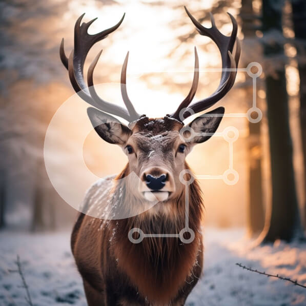 Intra Συλλεκτικό Ξύλινο Παζλ Plywood  4mm - Ελάφια με μεγάλα κέρατα στο χιονισμένο δάσος Σε Ξύλινο Κουτί - Διαστάσεις: 10x10 cm – 25 κομμάτια