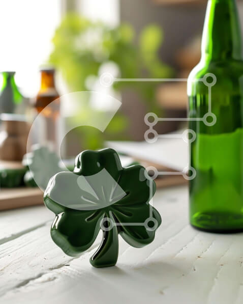 Σετ των 2 Intra Συλλεκτικό Ξύλινο Παζλ Plywood  4mm - Πράσινο μπουκάλι μπύρας και σουβέρ σε ξύλινο τραπέζι Σε Ξύλινο Κουτί - Διαστάσεις: 10x10 cm – 25 κομμάτια