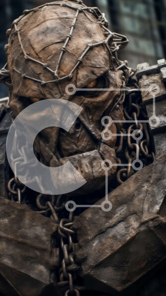 Intra Συλλεκτικό Ξύλινο Παζλ Plywood  4mm - Κοντινό πλάνο ενός μεταλλικού χαρακτήρα με κόκκινα λαμπερά μάτια και αλυσίδες Σε Ξύλινο Κουτί - Διαστάσεις Puzzle: 10x10 cm – 25 κομμάτια