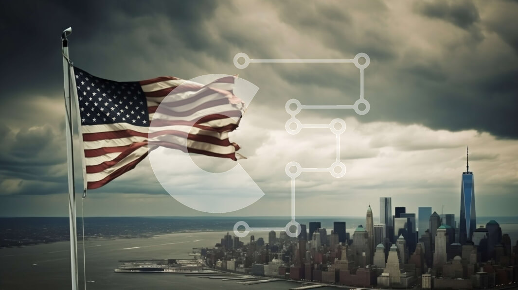 Intra Συλλεκτικό Ξύλινο Παζλ Plywood  4mm - Δραματική εικόνα της αμερικανικής σημαίας που κυματίζει πάνω από την πόλη της Νέας Υόρκης Σε Ξύλινο Κουτί - Διαστάσεις Puzzle: 10x10 cm – 25 κομμάτια