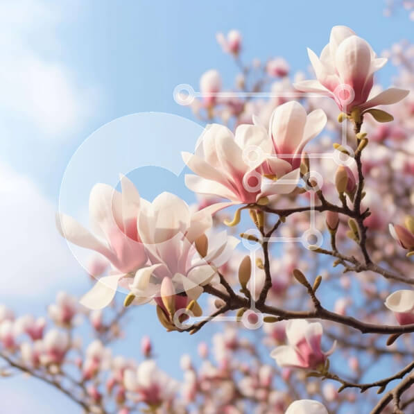 Intra Συλλεκτικό Ξύλινο Παζλ Plywood  4mm - Ανθισμένο δέντρο Magnolia την άνοιξη με μπλε ουρανό Σε Ξύλινο Κουτί - Διαστάσεις: 10x10 cm – 25 κομμάτια
