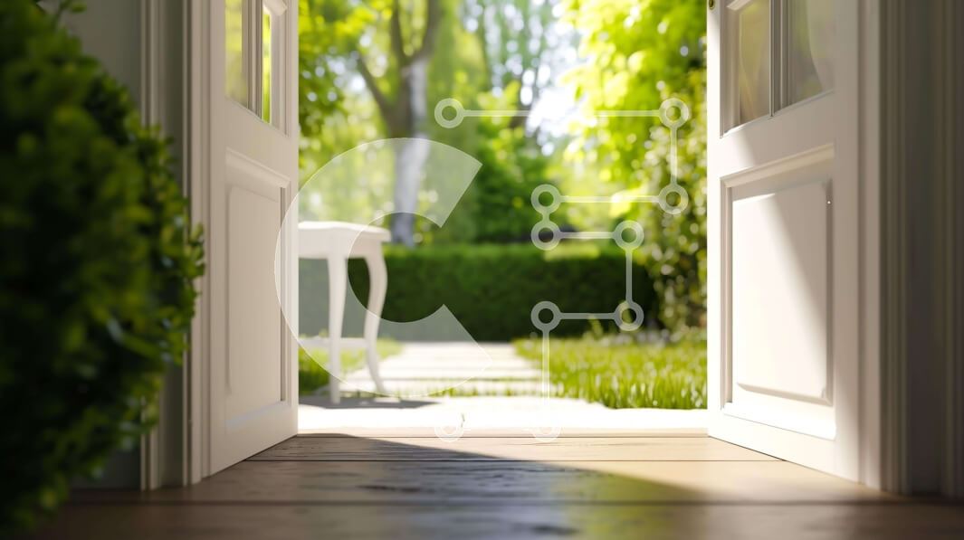 Intra Συλλεκτικό Ξύλινο Παζλ Plywood  4mm - Ανοιχτή πόρτα που οδηγεί στον κήπο με δέντρα και φυτά Σε Ξύλινο Κουτί - Διαστάσεις: 10x10 cm – 25 κομμάτια