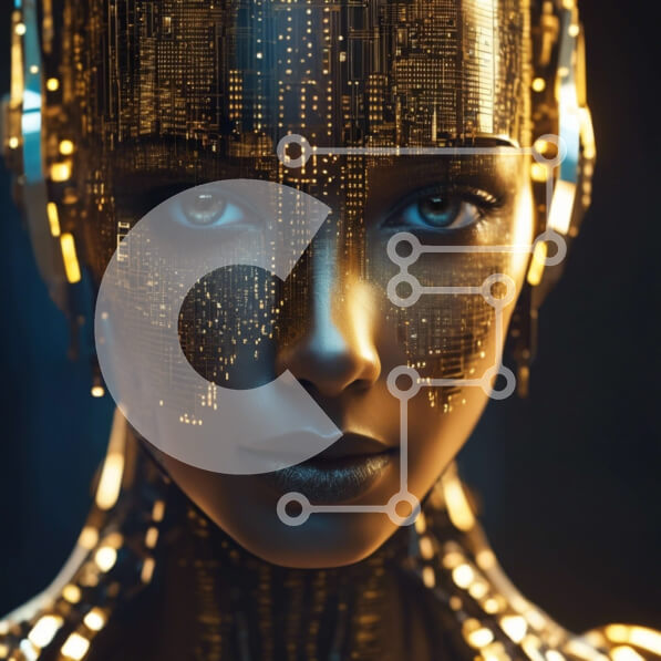 Intra Συλλεκτικό Ξύλινο Παζλ Plywood  4mm - Φουτουριστική γυναίκα τεχνητής νοημοσύνης με λαμπερά μάτια Σε Ξύλινο Κουτί - Διαστάσεις Puzzle: 10x10 cm – 25 κομμάτια