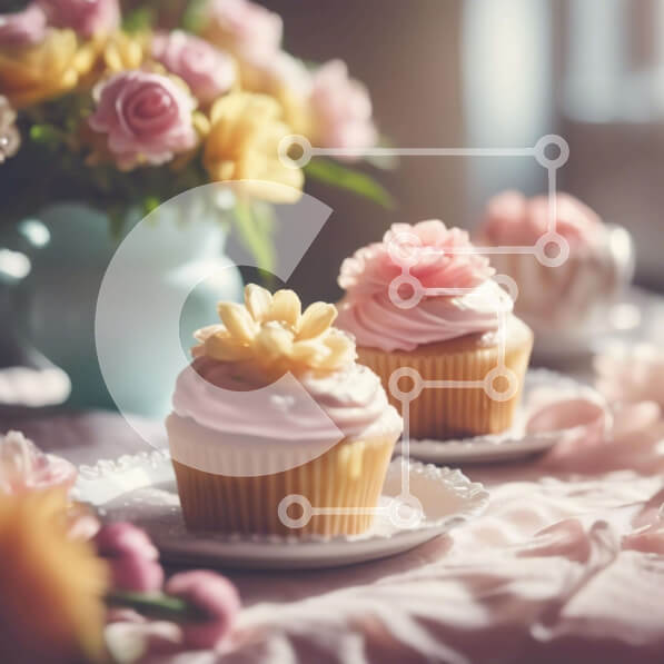 Σετ των 2 Intra Συλλεκτικό Ξύλινο Παζλ Plywood  4mm - Δύο cupcakes με ροζ πάγωμα και λουλούδια σε ένα λευκό πιάτο Σε Ξύλινο Κουτί - Διαστάσεις: 10x10 cm – 25 κομμάτια