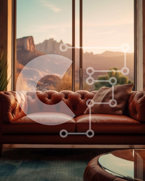 Intra Συλλεκτικό Ξύλινο Παζλ Plywood  4mm - Κομψό εσωτερικό με καφέ δερμάτινο καναπέ και θέα στο βουνό Σε Ξύλινο Κουτί - Διαστάσεις Puzzle: 10x10 cm – 25 κομμάτια