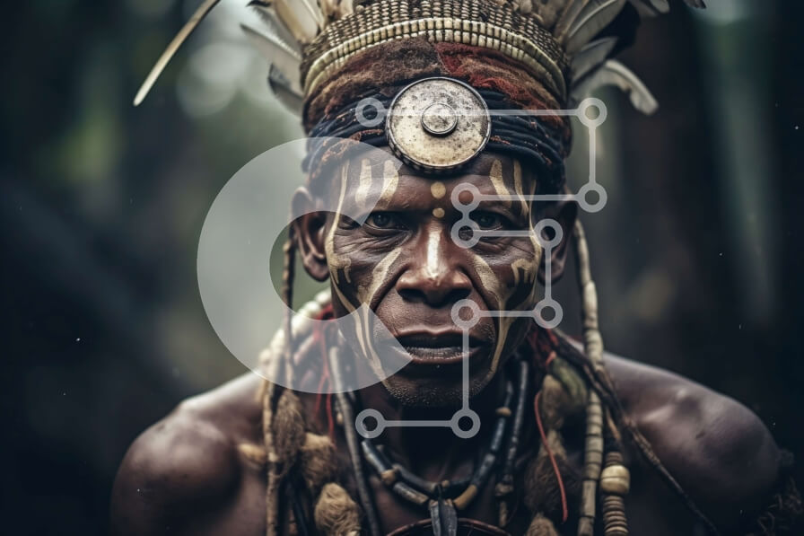 Intra Συλλεκτικό Ξύλινο Παζλ Plywood  4mm - Σοβαρός ιθαγενής Αμερικανός με παραδοσιακή μπογιά προσώπου και κόμμωση Σε Ξύλινο Κουτί - Διαστάσεις Puzzle: 10x10 cm – 25 κομμάτια