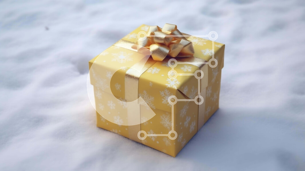 Intra Συλλεκτικό Ξύλινο Παζλ Plywood  4mm - Κίτρινο κουτί δώρου με χρυσές κορδέλες και νιφάδες χιονιού στο χιόνι Σε Ξύλινο Κουτί - Διαστάσεις: 10x10 cm – 25 κομμάτια