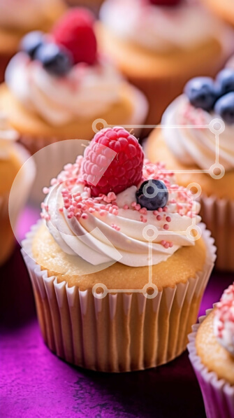 Intra Συλλεκτικό Ξύλινο Παζλ Plywood  4mm - Νόστιμα cupcakes με φρέσκα σμέουρα σε ένα μωβ τραπεζομάντιλο Σε Ξύλινο Κουτί - Διαστάσεις: 10x10 cm – 25 κομμάτια