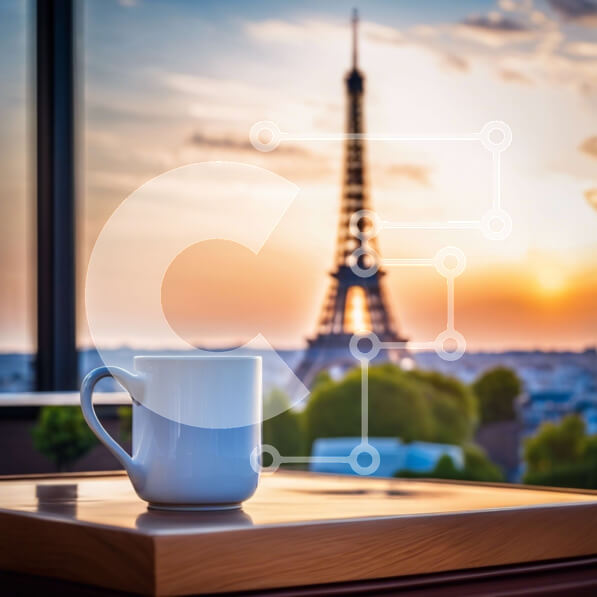 Intra Συλλεκτικό Ξύλινο Παζλ Plywood  4mm - Λευκό φλιτζάνι καφέ με τον Πύργο του Άιφελ στο φόντο Σε Ξύλινο Κουτί - Διαστάσεις Puzzle: 10x10 cm – 25 κομμάτια