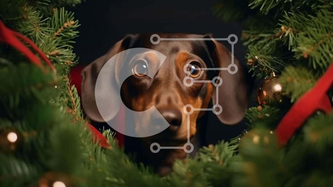 Intra Συλλεκτικό Ξύλινο Παζλ Plywood  4mm - Περίεργος σκύλος Dachshund που κρυφοκοιτάζει πίσω από το χριστουγεννιάτικο δέντρο Σε Ξύλινο Κουτί - Διαστάσεις: 10x10 cm – 25 κομμάτια