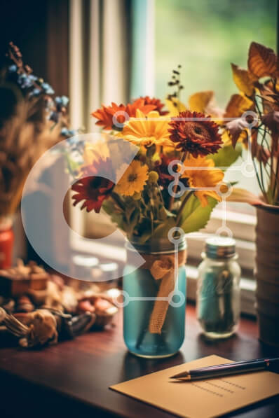 Intra Συλλεκτικό Ξύλινο Παζλ Plywood  4mm - Όμορφη σύνθεση αποξηραμένων λουλουδιών στο γραφείο με θέα στον ορίζοντα της πόλης Σε Ξύλινο Κουτί - Διαστάσεις Puzzle: 10x10 cm – 25 κομμάτια