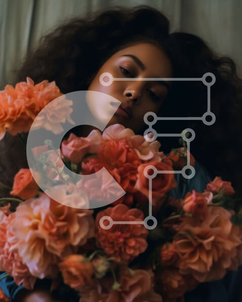 Intra Συλλεκτικό Ξύλινο Παζλ Plywood  4mm - Όμορφη γυναίκα που κρατά ένα μάτσο ροζ και πορτοκαλί λουλούδια Σε Ξύλινο Κουτί - Διαστάσεις Puzzle: 10x10 cm – 25 κομμάτια