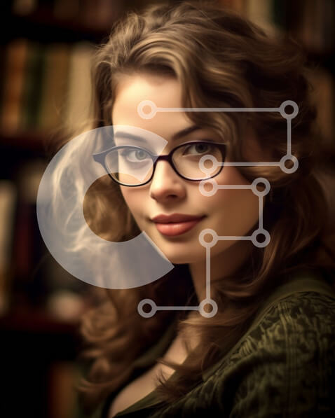 Intra Συλλεκτικό Ξύλινο Παζλ Plywood  4mm - Νεαρή γυναίκα με γυαλιά που ποζάρει για ένα πορτρέτο μπροστά από ένα ράφι Σε Ξύλινο Κουτί - Διαστάσεις Puzzle: 10x10 cm – 25 κομμάτια