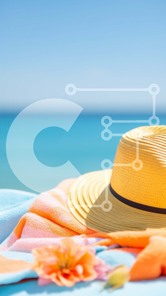 Σετ των 2 Intra Συλλεκτικό Ξύλινο Παζλ Plywood  4mm - Κίτρινο καπέλο και πολύχρωμη πετσέτα στην παραλία με καθαρό μπλε ουρανό Σε Ξύλινο Κουτί - Διαστάσεις: 10x10 cm – 25 κομμάτια