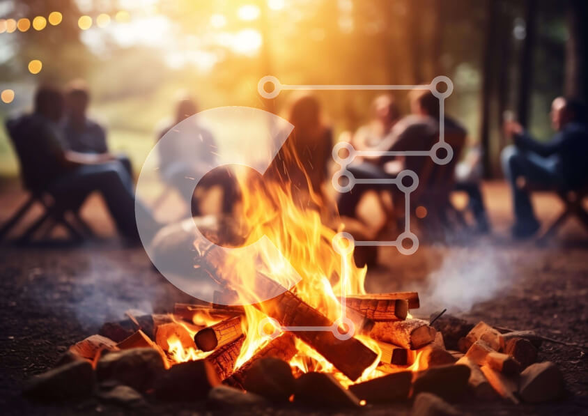 Intra Συλλεκτικό Ξύλινο Παζλ Plywood  4mm - Ομάδα ανθρώπων που κάθονται γύρω από τη φωτιά στο δάσος Σε Ξύλινο Κουτί - Διαστάσεις: 10x10 cm – 25 κομμάτια