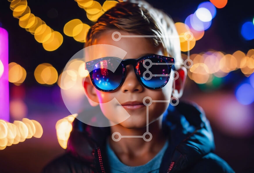 Intra Συλλεκτικό Ξύλινο Παζλ Plywood  4mm - Νεαρό αγόρι που στέκεται μπροστά από τα πολύχρωμα φώτα τη νύχτα Σε Ξύλινο Κουτί - Διαστάσεις Puzzle: 10x10 cm – 25 κομμάτια