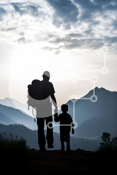 Σετ των 2 Intra Συλλεκτικό Ξύλινο Παζλ Plywood  4mm - Άνδρας και παιδί που περπατούν στην πλαγιά του βουνού Σε Ξύλινο Κουτί - Διαστάσεις: 10x10 cm – 25 κομμάτια