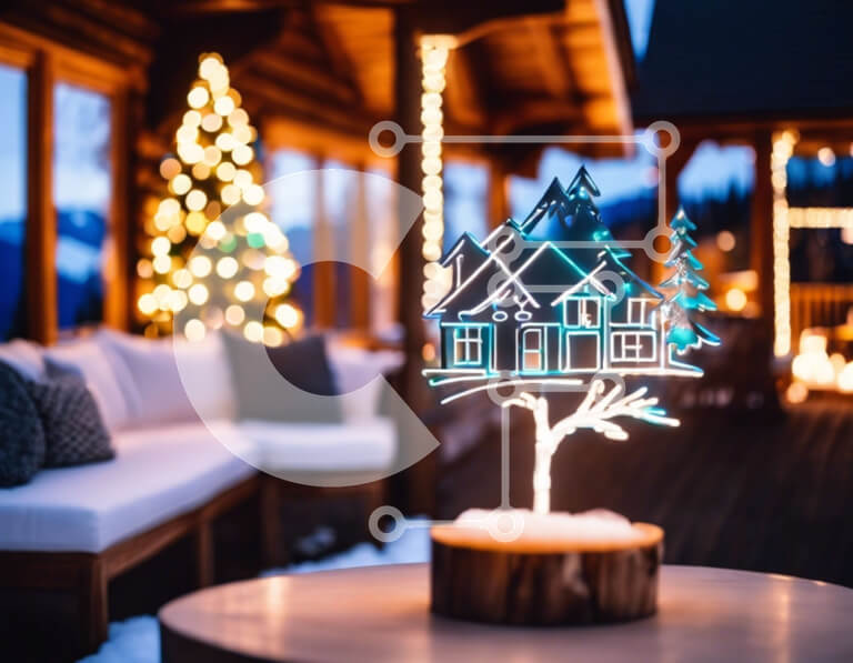 Intra Συλλεκτικό Ξύλινο Παζλ Plywood  4mm - Διακοσμητικό γιορτινό τραπέζι με φωτισμένο σπίτι και δέντρο Σε Ξύλινο Κουτί - Διαστάσεις: 10x10 cm – 25 κομμάτια